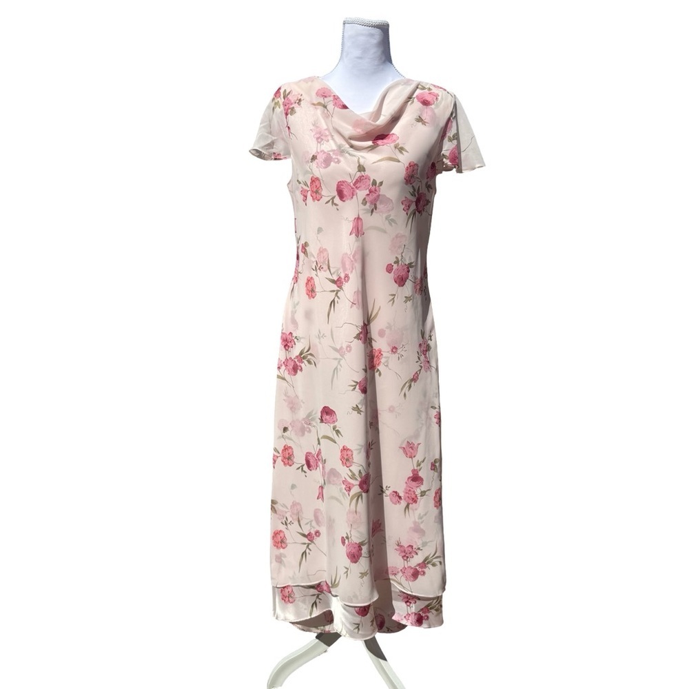 Vintage Positive Attitude Floral Asymmetrical Dress Cowl 12 Petite Romantic Slip